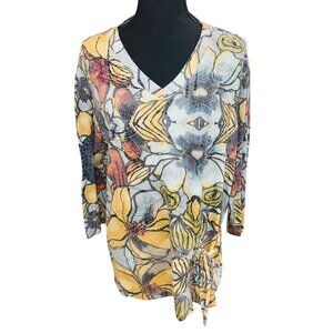 Ali Miles Womens Boho L Floral Lightweight Tunic Top Drawstring Hem Casual Artsy